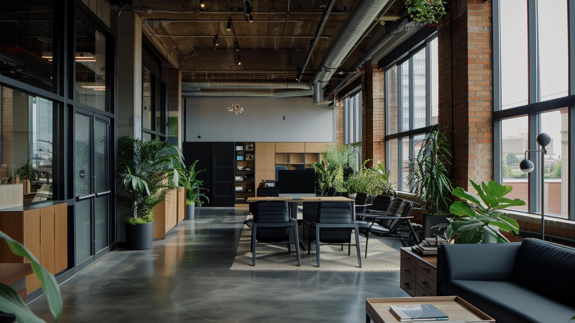 Modern office interior featuring large windows, strategic greenery, open workspace, and a seating area with a couch, stylish furniture, and a minimalist design.